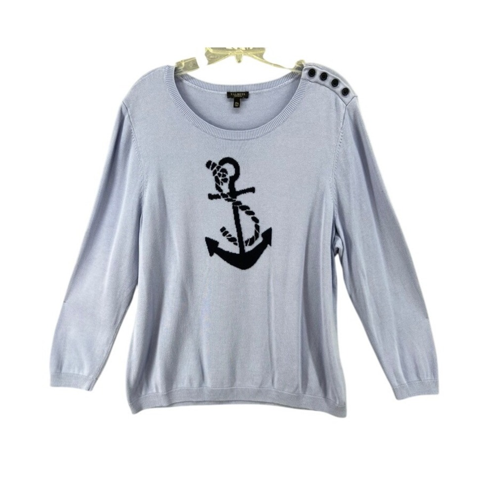 Talbots Plus Petite Sweater‎ Sz 2XP Blue Anchor Knit Nautical Button Shoulder